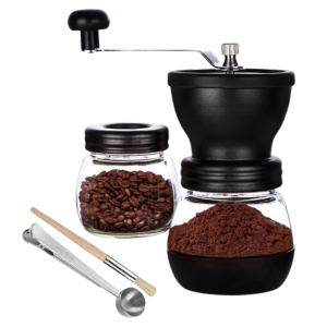 PARACITY Manual Coffee Grinder with two glass jars, showcasing rich coffee beans and fine ground coffee.