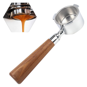 51mm Bottomless Portafilter showcasing sleek, durable design with a polished wood handle and espresso extraction.