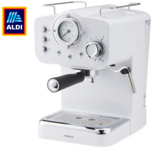 Aldi Ambiano espresso machine with sleek design, portafilter, and steam wand.