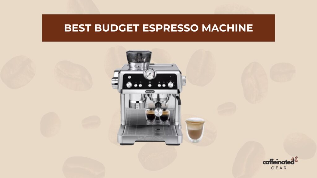Anko stainless-steel espresso machine brewing two cups with a latte on the side, Caffeinated Gear logo.