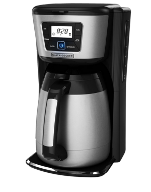 BLACKDECKER modern coffee maker with digital display, stainless steel carafe, and sleek design.