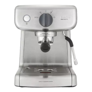 Breville Barista Max Plus espresso machine featuring Thermocoil heating system and a removable drip tray.