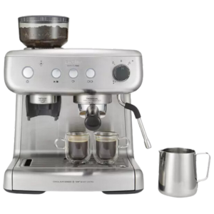 BREVILLE-VCF126 Barista Max Plus, sleek stainless steel espresso machine with coffee grinder and steam wand.