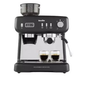BREVILLE-VCF152 Barista Max Plus espresso machine displaying built-in grinder, digital control panel, and dual serving feature.
