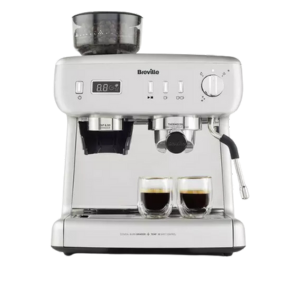 Breville Barista Max Plus espresso machine showcasing dual-spout, integrated grinder, and digital display.