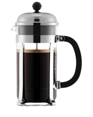 Bodum French press coffee maker with sleek glass carafe, modern metallic lid, and ergonomic handle.