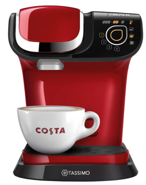 Bosch Tassimo My Way 2 coffee machine in bold red color with a white Costa branded mug.