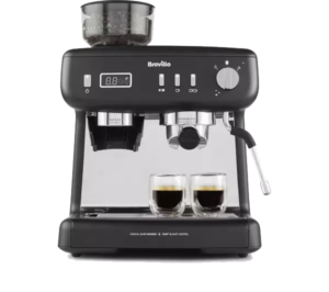 Breville Barista Max Sage Express with dual-shot brewing and steam wand for milk frothing.