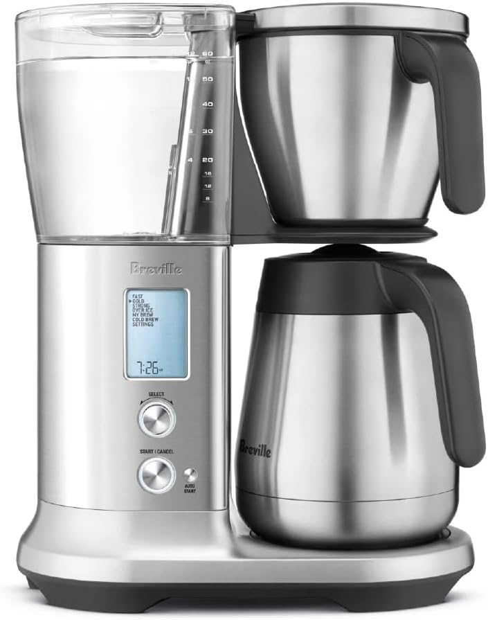 Breville Precision Brewer features sleek design, digital display, stainless steel coffee filter basket, and thermal carafe.