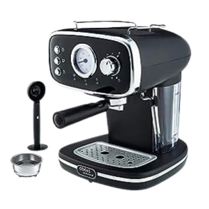 Cooks Professional coffee machine with sleek design, analog gauge, and milk frother.