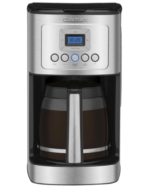 Cuisinart stainless steel coffee maker with digital display and glass carafe on modern kitchen countertop.