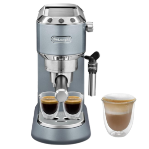 DeLonghi Dedica EC785 espresso machine brewing fresh coffee and creamy cappuccino in a modern kitchen.