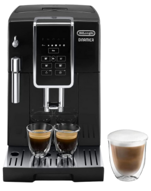 DeLonghi Dinamica ECAM 350.15 bean-to-cup coffee machine with fresh espresso and layered cappuccino.