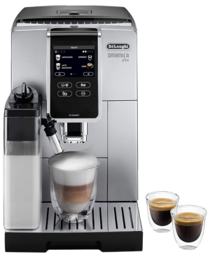 DeLonghi Dinamica Plus, modern silver coffee machine with digital display, preparing assorted coffee beverages.