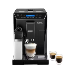 DeLonghi Eletta Cappuccino coffee machine with built-in milk frother and digital display brewing espresso.