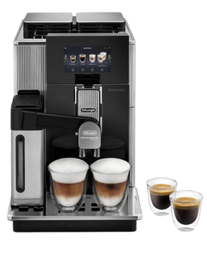 DeLonghi Maestosa espresso machine showcasing touch screen, milk frother and double coffee spouts.