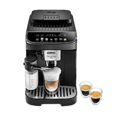 DeLonghi Magnifica Evo ECAM-292.81 espresso machine, showcasing customizable brewing options, milk frother, and cups of coffee.