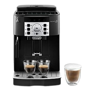 DeLonghi Magnifica S Ecam E22 espresso machine with milk frother showcasing coffee variants.