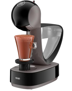 DeLonghi Nescafe Dolce single-serve coffee machine with a frothy chocolate drink and sleek, modern design.
