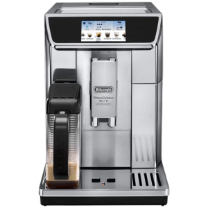 DeLonghi PrimaDonna Elite Experience ECAM650.85 bean to cup coffee machine with digital display and milk frother.
