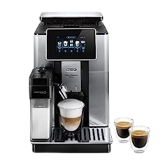 DeLonghi Primadonna Soul ECAM 610.75 coffee machine brewing espresso and crafting a latte simultaneously.