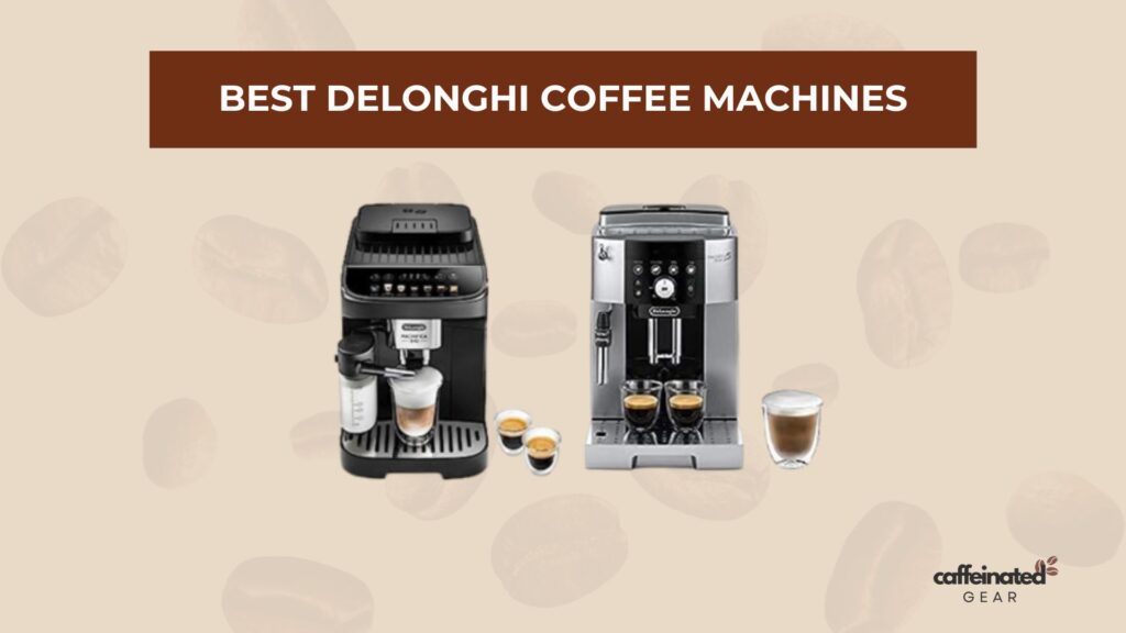 DeLonghi coffee machines comparison showcasing black cappuccino maker and metallic brewer with digital interface.
