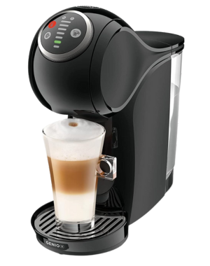 Delonghi-Nescafe-Dolce-Gusto-Genio-S-Plus coffee machine serving layered cappuccino in a modern kitchen.