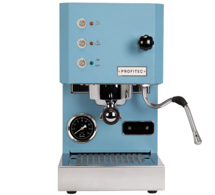ECM Casa 5 Profitec Go sleek light blue espresso machine with polished metal finish and control panel.