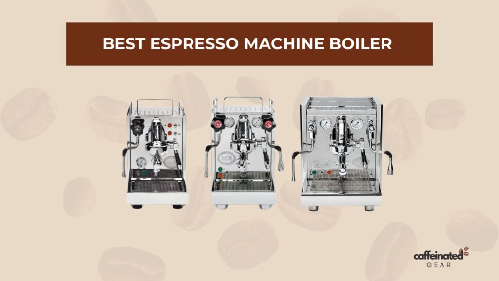 Espresso Boiler Showdown featuring three top-tier stainless steel machines against coffee motif background by caffeine guru.