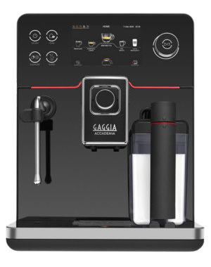 Gaggia Accademia sleek espresso machine featuring modern design, milk frother, and intuitive control panel.