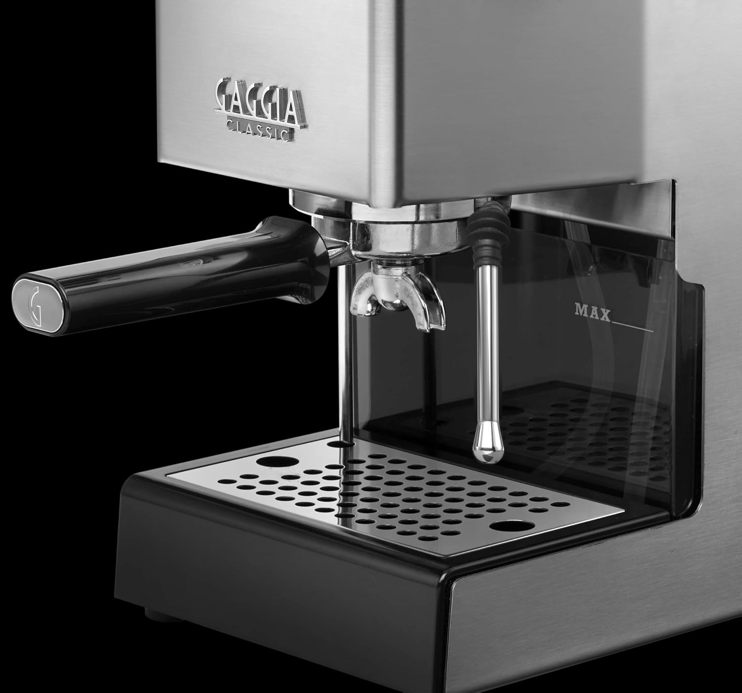 Gaggia Classic espresso machine highlighting sleek, minimalist design, portafilter, and steam wand.