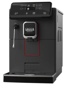 Gaggia Magenta Plus coffee machine featuring minimalist design, digital display, and milk frother.