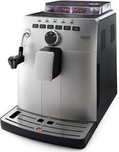 Gaggia Naviglio Deluxe coffee machine showcasing stainless steel finish, transparent bean compartment and milk frother.