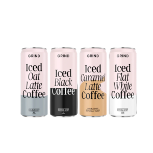Grind Iced Coffee collection showcasing four distinct flavors in minimalist designed cans.