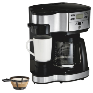 Hamilton Beach 2-Way coffee maker featuring dual functionality for single-serve or carafe brewing, and reusable filter.