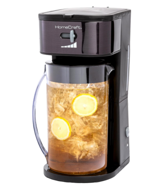 HomeCraft modern iced tea brewing appliance, showcasing freshly brewed, lemon-infused iced tea in transparent pitcher.