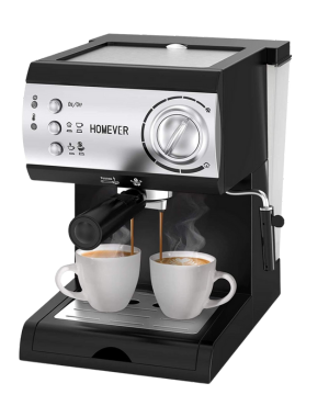 Homever espresso machine brewing hot coffee into two cups, equipped with a milk frother.