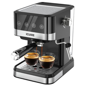 ICUIRE modern espresso machine brewing rich coffee into two clear cups, with visible control panel and steam wand.