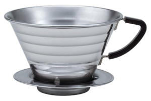 Kalita Wave stainless steel coffee dripper with ergonomic handle and grooved design for optimal brewing.