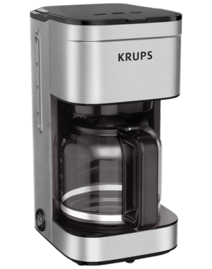 Krups Simply modern stainless steel coffee maker with clear glass carafe and black accents.