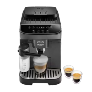 DeLonghi Magnifica Evo espresso machine, brewing fresh coffee and foam into cup, with clear espresso shot glasses beside it.