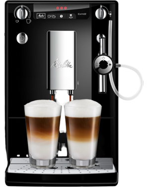 Melitta Solo coffee machine with dual-spout nozzle, advanced controls, and milk frother.