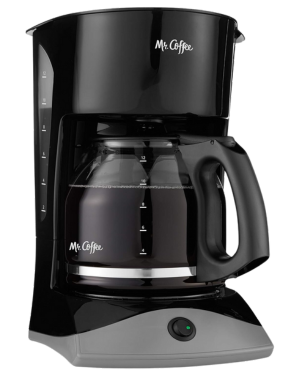 Mr. Coffee Coffee Maker showcasing sleek design, transparent glass carafe, and user-friendly button.