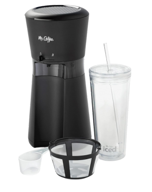 Mr. Coffee cold brew coffee maker with reusable filter and iced coffee tumbler included.