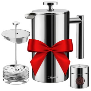 Mueller French Press coffee maker set with disassembled plunger and ground storage beautifully tied with a red ribbon.