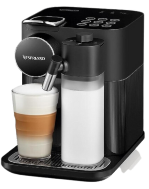 Nespresso by DeLonghi Lattissima coffee machine with built-in milk frother, featuring a sleek, black finish.