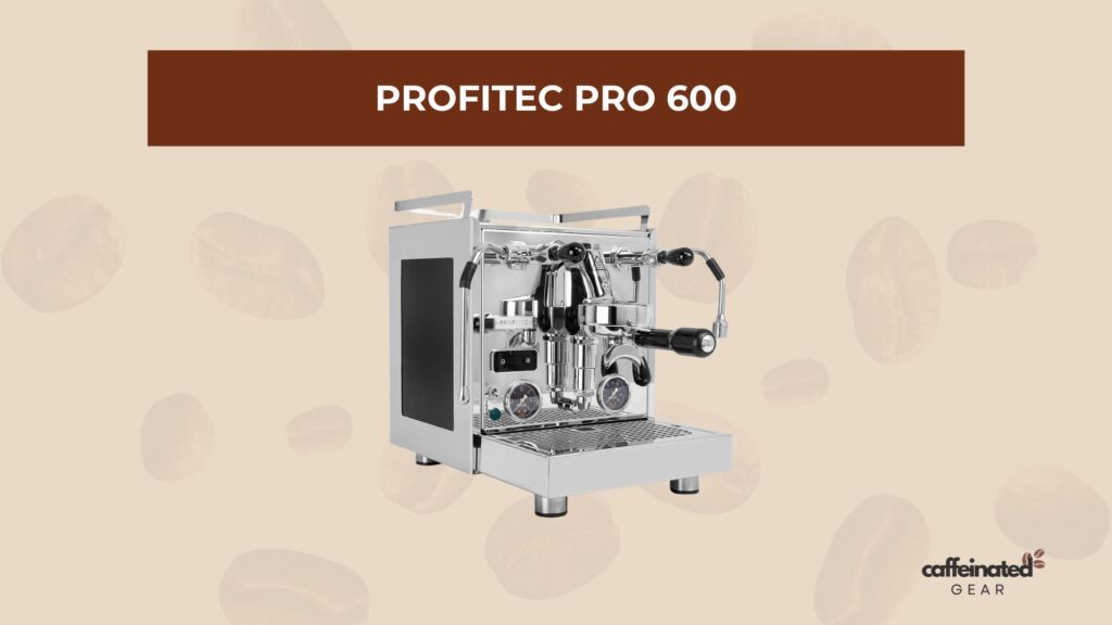 Profitec Pro 600 espresso machine showcasing sleek, stainless steel design against a subtly coffee-themed background.
