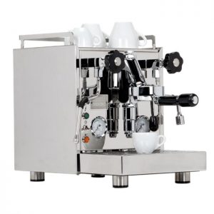 Profitec Pro 500 stainless steel espresso machine with dual group head and ceramic cups.