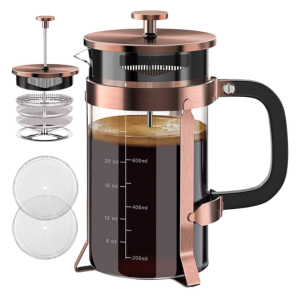 QUQIYSO French Press coffee maker with copper finish, visible dark coffee, and extra filter screens.