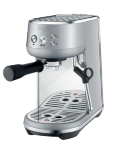 Sage Bambino modern silver espresso machine with control buttons, steam wand, and removable drip tray.